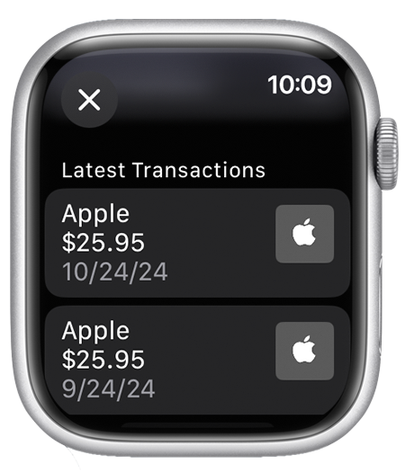 Apple Watch 显示了“钱包”App,以及 Apple 账户的“近期交易”。